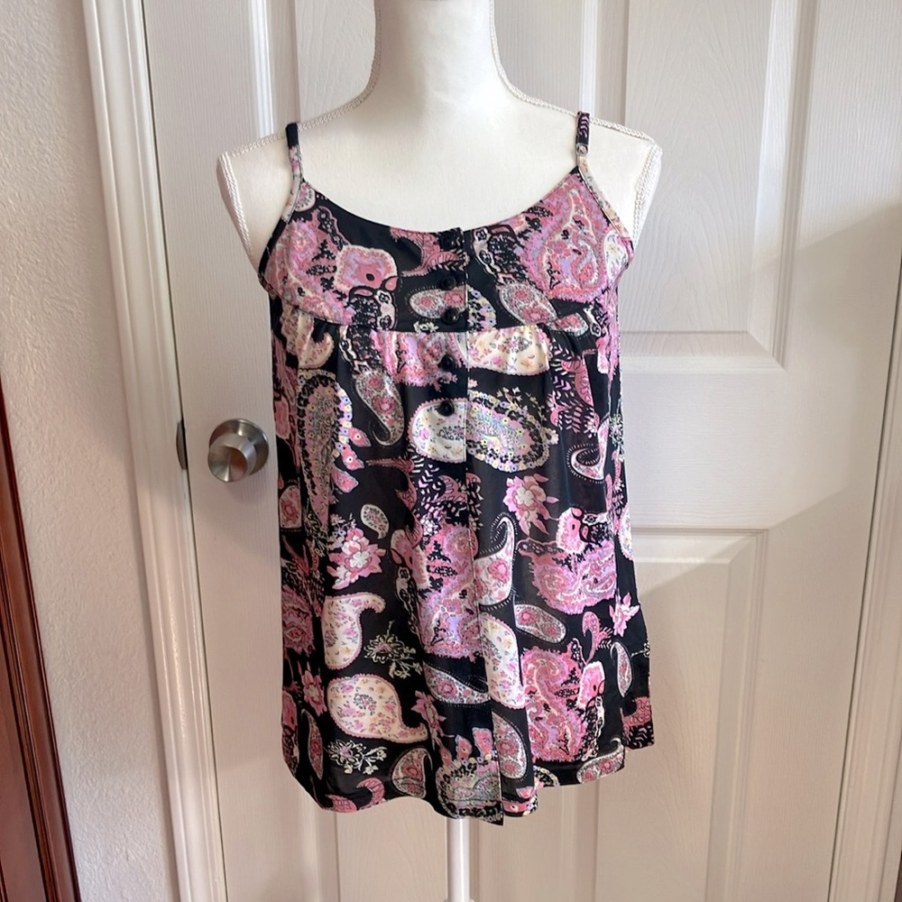 Y2k Floral Paisley Women's Top - Black and Pink Size:M